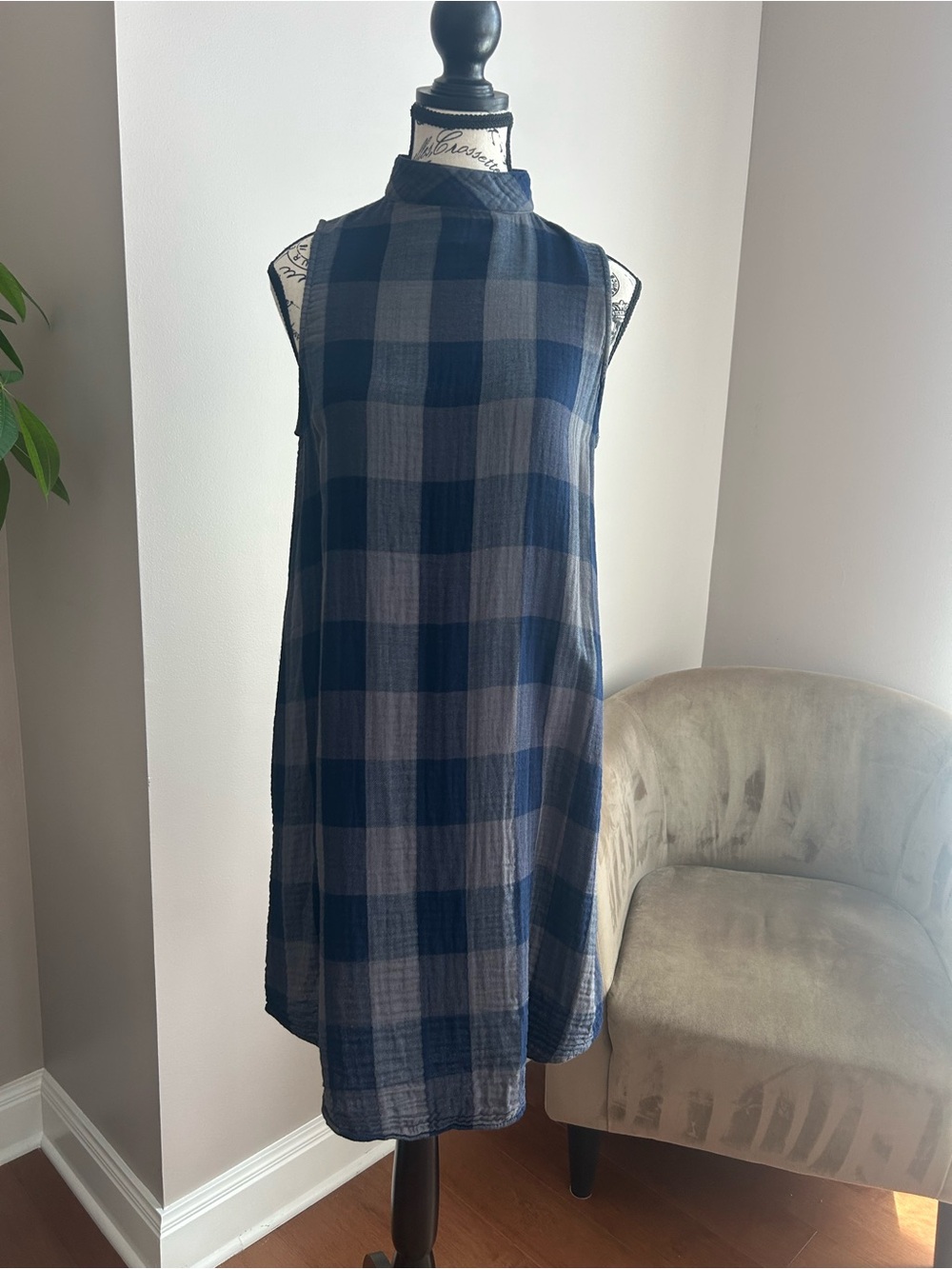 Cloth & Stone Blue Gray Plaid Gauze Swing Dress Mock Neck XS